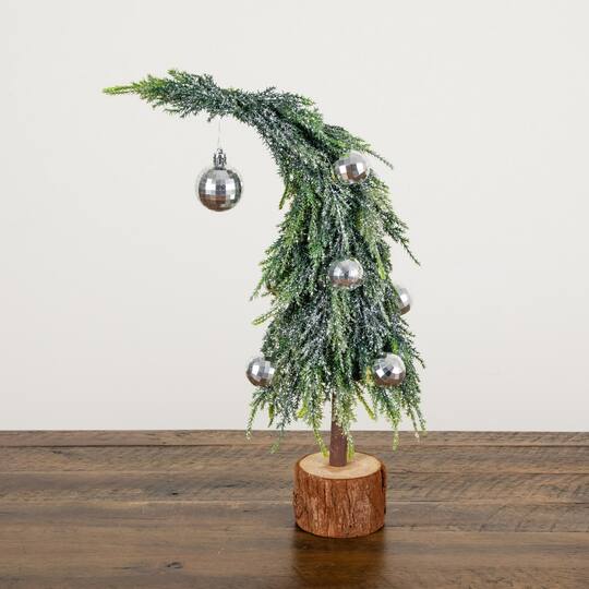 Nearly Natural 14" Unlit Artificial Snowed Santa's Hat Christmas Tree with Ornaments in Wooden Trunk Base